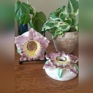 Pair Vintage Purple Gold Porcelain Orchid Candleholders Commodore Japan 1950s